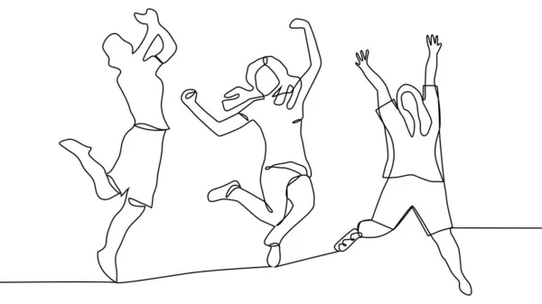 Desenho Linha Contínua Saltar Felizes Membros Equipe — Vetor de Stock