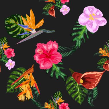 Tropik pembe orkide çiçekleri, canavarlar, muz palmiyesi, pürüzsüz desenler. Orman yaprakları çizimi. Egzotik bitkiler. Yaz plajı çiçekli tasarımı. Cennet doğası