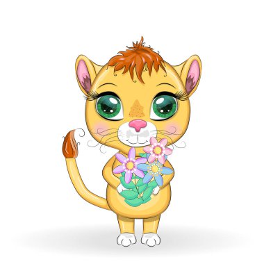 Çizgi film dişi aslanı. Çiçekli, anlamlı gözleri var. Vahşi hayvanlar, karakter, çocuksu şirin bir tarz.