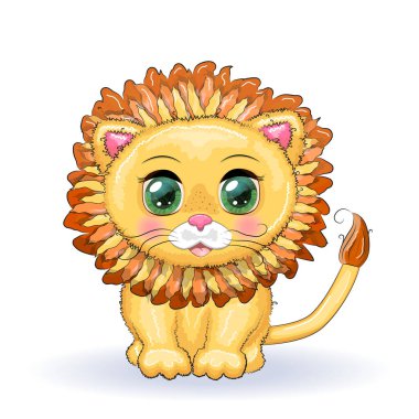 Çizgi film aslanı, etkileyici gözleri var. Vahşi hayvanlar, karakter, çocuksu şirin bir tarz..