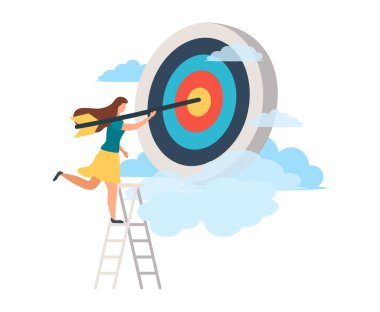 Elinde ok olan bir adam dolambaçlı bir yolda hedefine doğru koşuyor, motivasyon ilerliyor, hedefe ulaşmanın yolu yüksektir, bulutların ya da merdivenlerin arasından, başarının adımları,