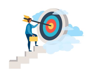 Elinde ok olan bir adam dolambaçlı bir yolda hedefine doğru koşuyor, motivasyon ilerliyor, hedefe ulaşmanın yolu yüksektir, bulutların ya da merdivenlerin arasından, başarının adımları,