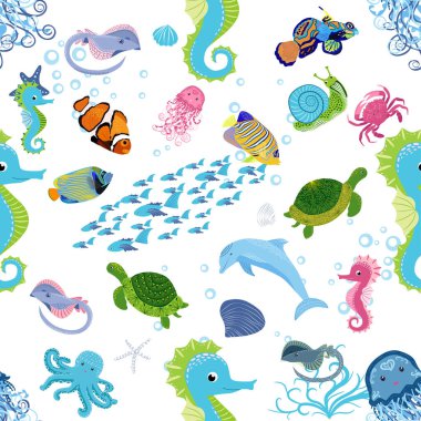 Deniz hayatı, balıklar, hayvanlar parlak, pürüzsüz desenler. Deniz yolculuğu, sualtı dalış yapan tropikal balıklar. Denizanası, balina, köpekbalığı, denizatı, palyaço balığı, yunus, kaplumbağa imparatoru balık ahtapot vatoz vatozu