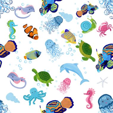 Deniz hayatı, balıklar, hayvanlar parlak, pürüzsüz desenler. Deniz yolculuğu, sualtı dalış yapan tropikal balıklar. Denizanası, balina, köpekbalığı, denizatı, palyaço balığı, yunus, kaplumbağa imparatoru balık ahtapot vatoz vatozu