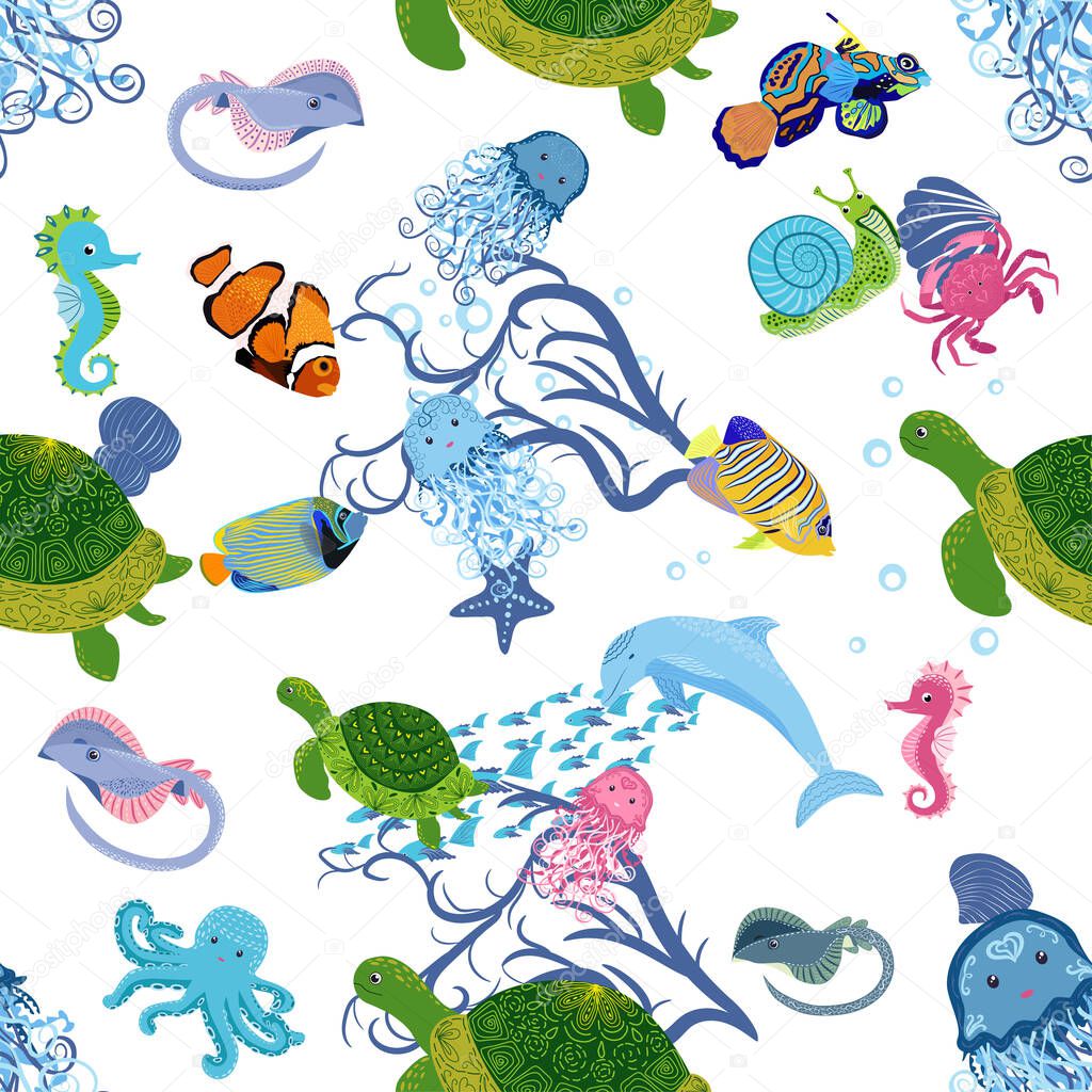 Marine life, fish, animals bright seamless pattern. sea travel, underwater diving animal tropical fish. Jellyfish, whale, shark, seahorse, clown fish, dolphin, turtle emperor fish octopus stingray