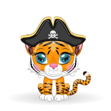 Kaplan korsan, oyunun çizgi film karakteri bandana takmış vahşi bir kedi ve kafatası ve göz bandı takmış bir şapka. Parlak gözlü karakter Beyazlara izole edilmiş
