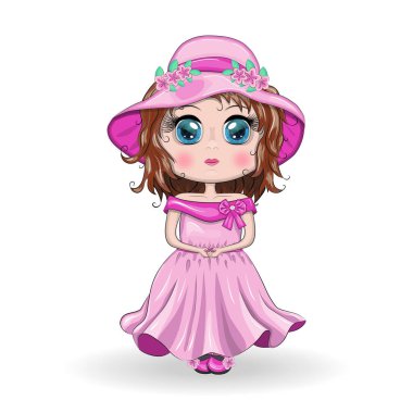 Güzel kız uzun pembe elbiseler içinde duruyor.