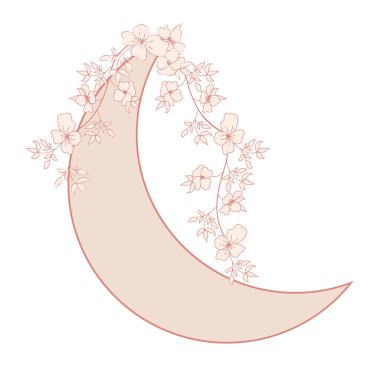 Minimalist illüstrasyon bej ay, çiçekler, duvar sanatı, ev dekorasyonu