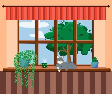 Çiçekli, kedili, yastıklı, perdeli düz bir pencere. Pencereden bak, şehir ve gökdelen, orman, ağaçlar, doğa. Sıcak ev günü