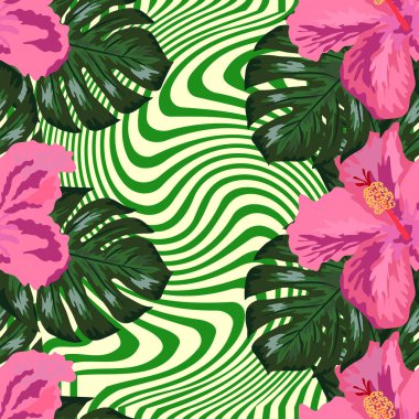 Çiçeksel egzotik tropikal desensiz tropik Hawaii duvar kağıdı. Botanik parmak izi. Modern çiçek arkaplanı.