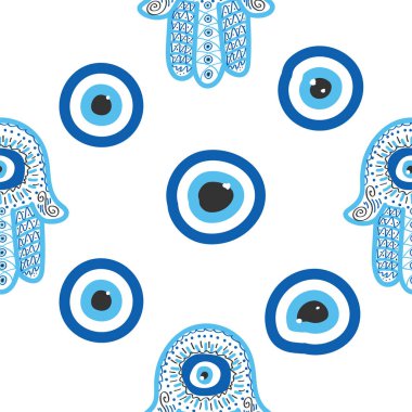 Hamsa gözü, sihirli göz kusursuz desen. Büyü, büyücülük, okült sembol. Mavi, beyaz, altın gözler. Kumaş tekstil duvar kağıdı
