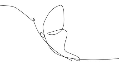 Sürekli bir çizgi çiziyor. Uçan kelebek logosu. Siyah beyaz çizim. Kavram logosu, kart, afiş, poster