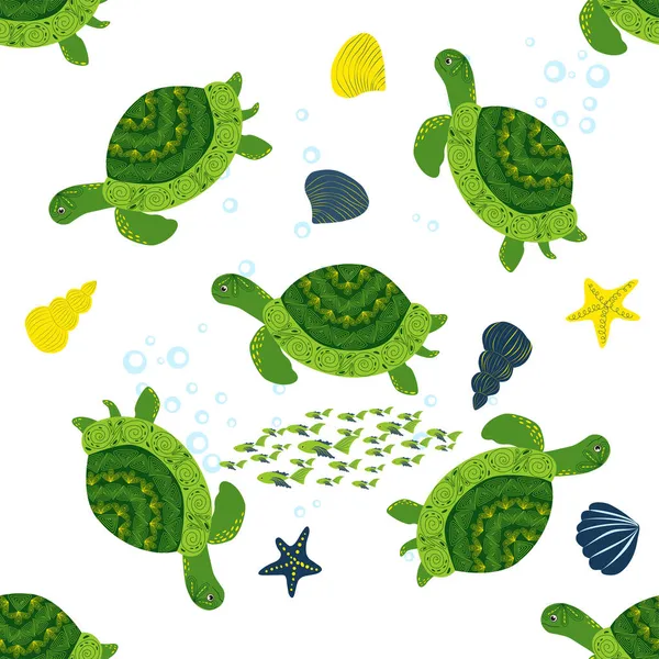Turtle Green Seamless Pattern Beautiful Character Seashells Seaweed Starfish Sea — Stock Vector