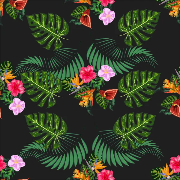 Тропические Розовые Цветы Орхидеи Монстры Банановые Пальмовые Листья Бесшовный Узор — стоковый вектор