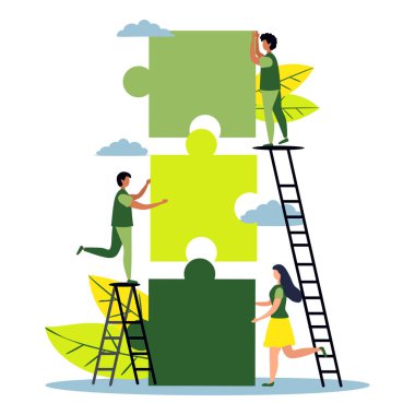 İş konsepti. Takım metaforu. Yapboz elementlerini birbirine bağlayan insanlar. Çizim düz tasarım tarzı. Takım çalışması, işbirliği, ortaklık sembolü.