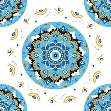 Kem gözlü Türk boncuklu kusursuz desen. İyi şanslar. Türk fayansı. Duvar kağıtları, şablon dolguları, tekstil için doğulu sedir tasarımı