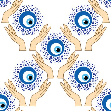 Kem göz kusursuz desen. Büyü, büyücülük, okült sembol. Hamsa gözü, sihirli göz, dekor elementi. Mavi, beyaz, altın gözler. Kumaş tekstil hediye yazılımı duvar kağıdı