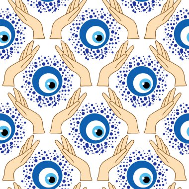 Kem göz kusursuz desen. Büyü, büyücülük, okült sembol. Hamsa gözü, sihirli göz, dekor elementi. Mavi, beyaz, altın gözler. Kumaş tekstil hediye yazılımı duvar kağıdı