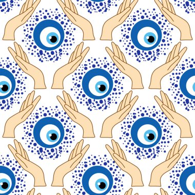 Kem göz kusursuz desen. Büyü, büyücülük, okült sembol. Hamsa gözü, sihirli göz, dekor elementi. Mavi, beyaz, altın gözler. Kumaş tekstil hediye yazılımı duvar kağıdı