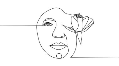 Çiçekli kadın yüzü. Sürekli bir çizgi çiziyor. Kadın kafasında çiçek buketi, tek sıra sanat. Minimalist Siyah Beyaz Çizim