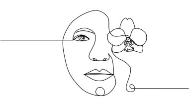 Çiçekli kadın yüzü. Sürekli bir çizgi çiziyor. Kadın kafasında çiçek buketi, tek sıra sanat. Minimalist Siyah Beyaz Çizim