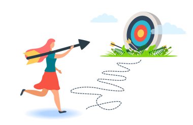 Elinde ok olan bir adam dolambaçlı bir yolda hedefine doğru koşuyor, motivasyon ilerliyor, hedefe ulaşmanın yolu yüksektir, bulutların ya da merdivenlerin arasından, başarının adımları,