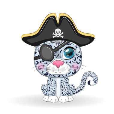 Kar leoparı korsanı, oyunun çizgi film karakteri, bandana takmış vahşi bir kedi ve kafataslı bir şapka, göz bandı. Parlak gözlü karakter Beyazlara izole edilmiş