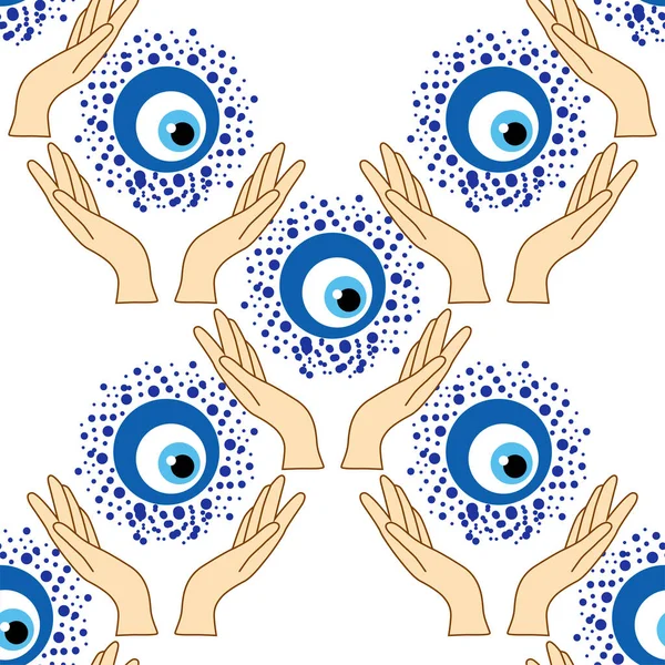 邪恶的眼睛无缝图案 魔法巫术神秘的符号Hamsa眼 魔法眼 装饰元素 蓝白金色的眼睛 织物纺织品赠与墙纸 — 图库矢量图片