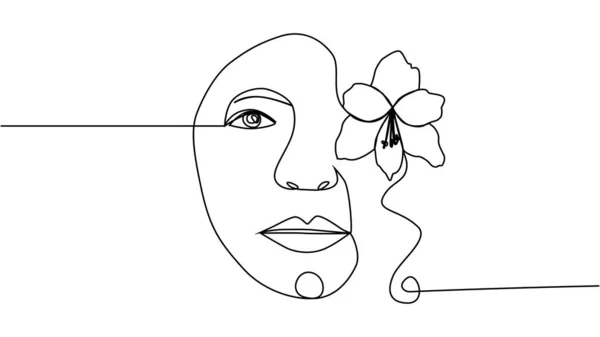 Žena Tvář Květinami Nepřetržitá Jedna Čára Kreslení Květinová Kytice Ženské — Stockový vektor