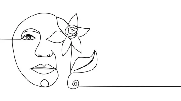 Cara Mujer Con Flores Dibujo Continuo Una Línea Ramo Flores — Vector de stock