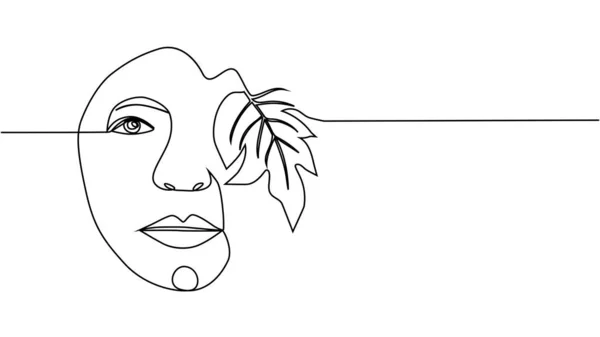 Kvinnlig Ansikte Med Blommor Kontinuerlig Linje Ritning Blomma Bukett Kvinna — Stock vektor