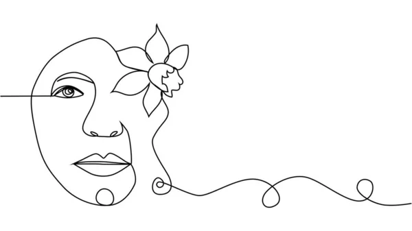 Visage Femme Avec Des Fleurs Dessin Continu Une Ligne Bouquet — Image vectorielle