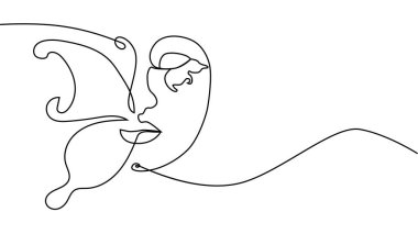 Portre minimalist stil. Yüzün yarısı dişi, yüzünün yarısı kelebek kanadı. Güzellik konsepti. Kirpikleri kelebeğin kanat hatlarını takip ediyor. İçerideki kadın.