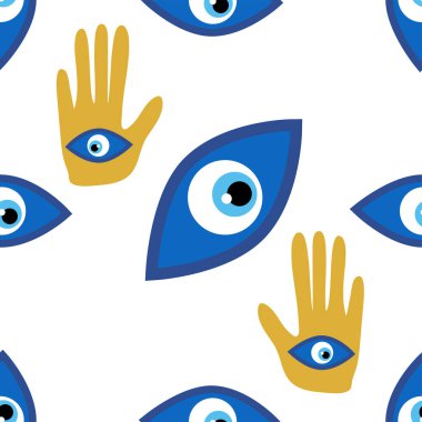 Hamsa gözü, sihirli göz kusursuz desen. Büyü, büyücülük, okült sembol. Mavi, beyaz, altın gözler. Kumaş tekstil duvar kağıdı
