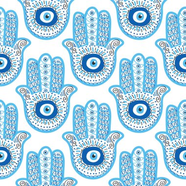 Hamsa gözü, sihirli göz kusursuz desen. Büyü, büyücülük, okült sembol. Mavi, beyaz, altın gözler. Kumaş tekstil duvar kağıdı