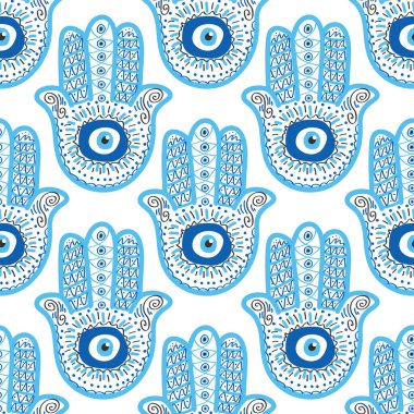 Hamsa gözü, sihirli göz kusursuz desen. Büyü, büyücülük, okült sembol. Mavi, beyaz, altın gözler. Kumaş tekstil duvar kağıdı