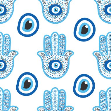 Hamsa gözü, sihirli göz kusursuz desen. Büyü, büyücülük, okült sembol. Mavi, beyaz, altın gözler. Kumaş tekstil duvar kağıdı