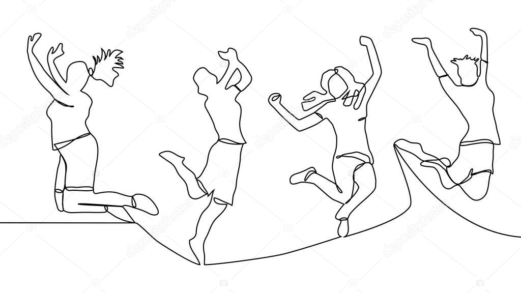 continuous line drawing of jumping happy team members