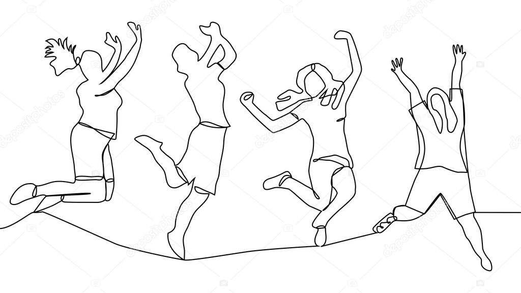 continuous line drawing of jumping happy team members