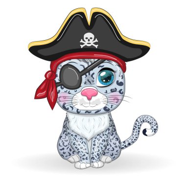 Kar leoparı korsanı, oyunun çizgi film karakteri, bandana takmış vahşi bir kedi ve kafataslı bir şapka, göz bandı. Parlak gözlü karakter Beyazlara izole edilmiş