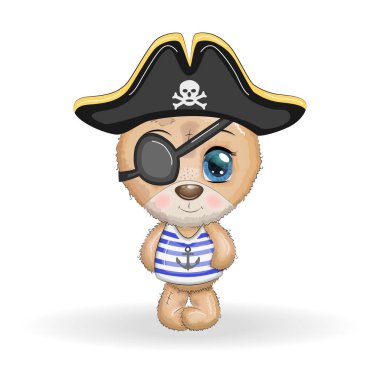 Oyuncak ayı korsanı, oyunun çizgi film karakteri, bandana takmış vahşi bir hayvan ve kafataslı, göz bandı takmış bir şapka. Parlak gözlü karakter Beyazlara izole edilmiş