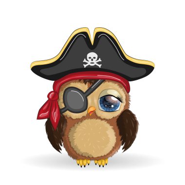 Baykuş korsanı, oyunun çizgi film karakteri, bandana takmış bir kuş ve kafatası ve göz bandı takmış bir şapka. Parlak gözlü karakter.