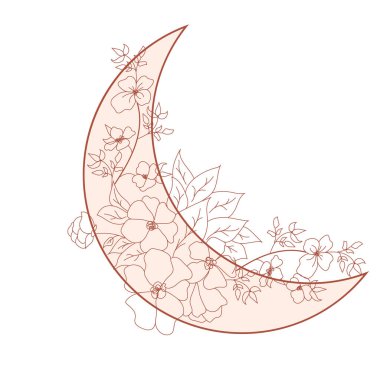 Minimalist illüstrasyon bej ay, çiçekler, duvar sanatı, ev dekorasyonu