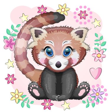 Kızıl panda, güzel gözlü sevimli bir karakter, parlak çocuksu bir tarz. Nadir hayvanlar, kırmızı kitap, kedi, ayı.