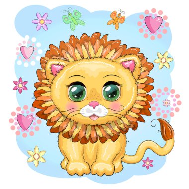 Çizgi film aslanı, çiçekli anlamlı gözleri var. Vahşi hayvanlar, karakter, çocuksu şirin bir tarz.