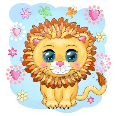 Çizgi film aslanı, çiçekli anlamlı gözleri var. Vahşi hayvanlar, karakter, çocuksu şirin bir tarz.