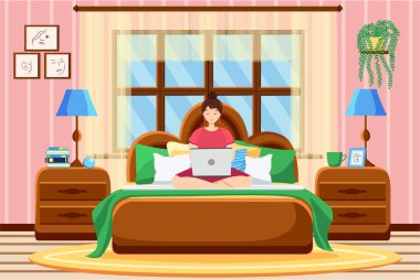 Evden uzak bir yerde çalışan genç bir kadın. Kadın yatakta uzanıyor ve bir dizüstü bilgisayar üzerinde çalışıyor. Düz çizgi film karakteri.