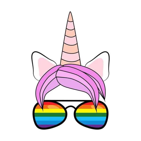 Illustration Cute Unicorn Face Sunglasses Rainbow Hearts — Stock Vector