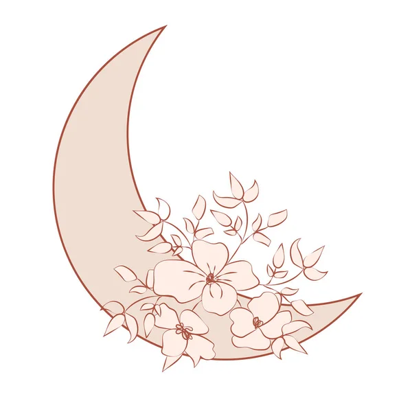 Schöne Romantische Mondsichel Mit Rosen Oder Pfingstrosenblüten Und Blättern Dekorative — Stockvektor