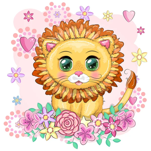 Lion Dessin Animé Avec Des Yeux Expressifs Avec Des Fleurs — Image vectorielle
